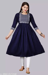 Rayon embroidered Anarkali kurta, three-quarter sleeves, Indian wedding party wear