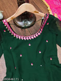 Green Georgette Maxi Dress with Mirror Work and Embroidered Dupatta, featuring Gotta Patti lace and stone work. New fashionable maxy gown with digital print dupatta for casual dressing. Made in India, size S-44