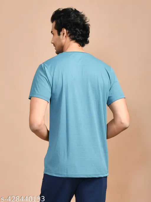 SkyKnit men's blue lycra sports gym T-shirt with printed net pattern, short sleeves, size M