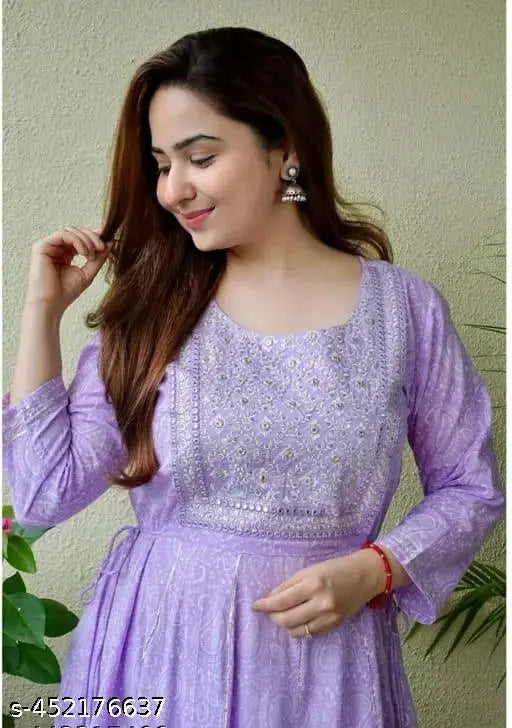 Light Blue Rayon Anarkali Kurti with Keri Print Pattern, three-quarter sleeves on a woman model