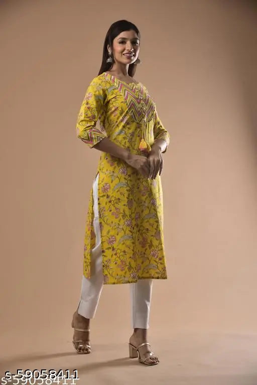 Yellow printed cotton straight kurta, plus size for women with three-quarter sleeves, Swasti brand