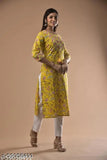 Yellow printed cotton straight kurta, plus size for women with three-quarter sleeves, Swasti brand