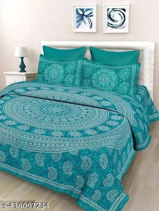 Rajasthani 100% Jaipuri cotton double bedsheet with 2 pillow covers, vibrant ethnic motifs on superfine quality flat sheets for summer, ideal for adults and perfect for a double-sized bed