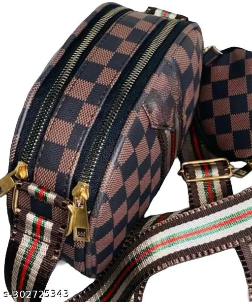 Brown PU quilted net sling bag for women and girls, 3 compartments, medium size, party wear and casual use