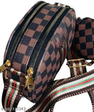 Brown PU quilted net sling bag for women and girls, 3 compartments, medium size, party wear and casual use