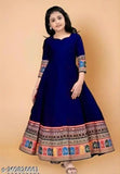 Blue rayon printed net gowns, three-quarter sleeves for kids ages 5-14, India origin