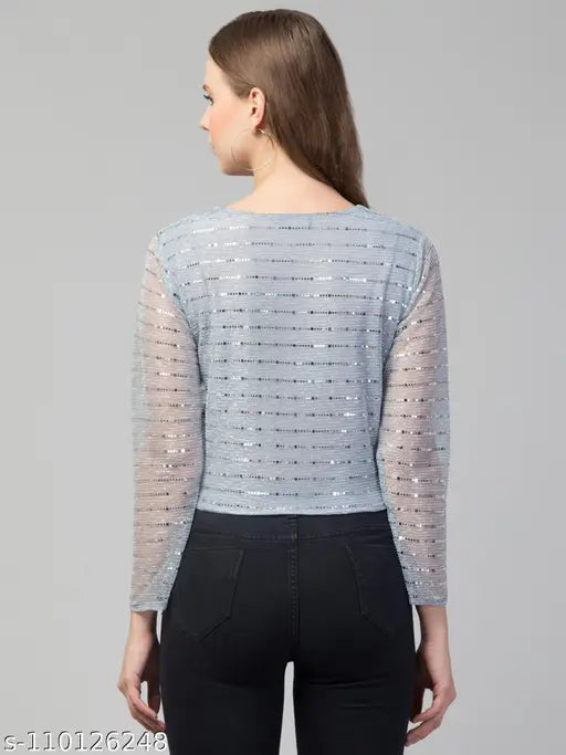 Long-sleeved embellished net tinsel bling top for women, polyester, sequin work, stretchable fabric, Indian origin