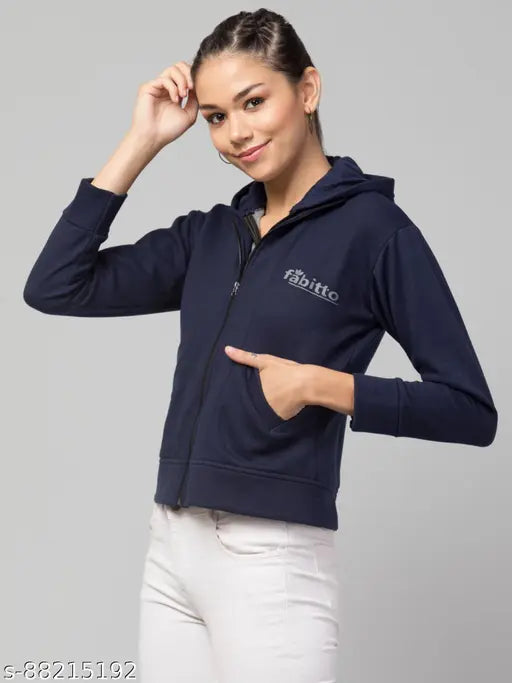 Dark blue fleece jacket with double zipper, perfect for women's fashion. Solid color, three-quarter sleeves. Comfortable fleece material, adjustable hood. Indian design, suitable for parties, meetings