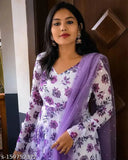 Indian georgette Anarkali kurti with printed motif and long sleeves, paired with net motiwork dupatta