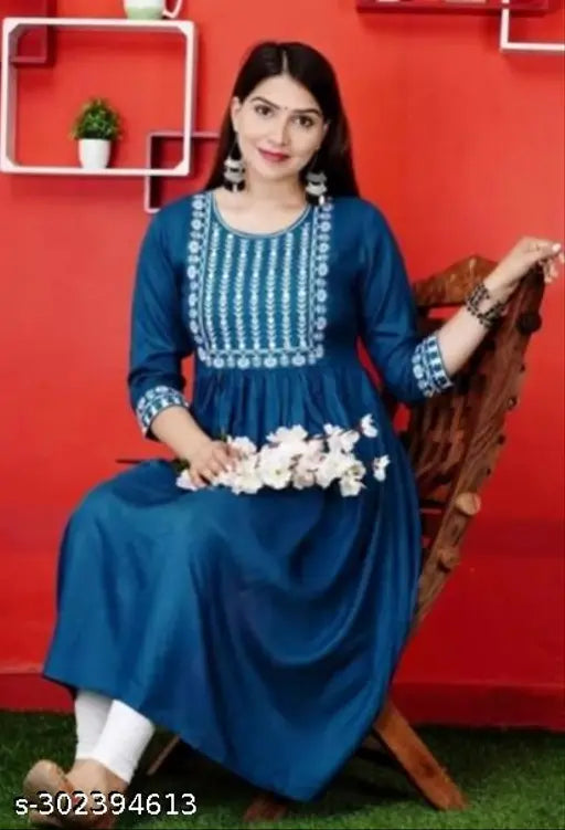 Embroidered rayon wine Anarkali kurta, three-quarter sleeves, high-quality Indian embroidery