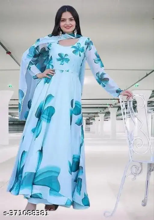 Sky Blue Georgette print Women's Gown, long sleeves, party wear, traditional Indian design with dupatta set