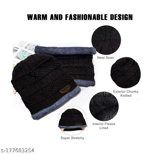 Brown fur-lined woolen beanie winter cap & scarf, warm snow/air proof fleece knitted cap for women, girls, ladies, men