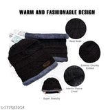 Brown fur-lined woolen beanie winter cap & scarf, warm snow/air proof fleece knitted cap for women, girls, ladies, men
