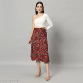 Maroon crepe midi Jaipuri print wrap maxi skirt for casual and versatile wear, perfect for hot weather conditions