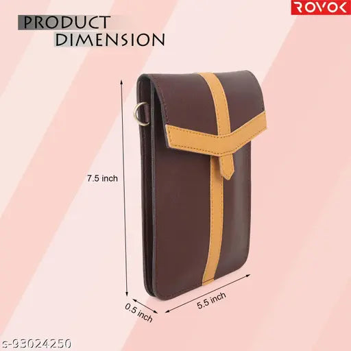 Brown PU leather sling bag cross-body travel mobile pouch, women's casual handbag with 1 compartment. Solid pattern, free size (10x5x2 in), thoughtfully designed for office or party wear. Handcrafted by ROVOK, premium quality hardware and stitching. Made in India