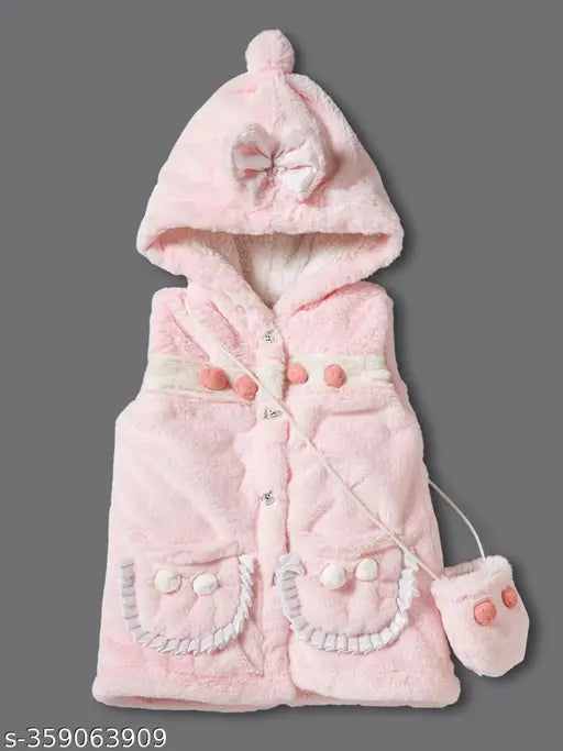 Baby Girls Bow Hooded Winter-Pink Wool, soft & cozy hoodie with solid print design for stylish playtime. Sizes: 3-6M, 6-12M, 12-18M, 18-24M, 2-3Y; Origin: India