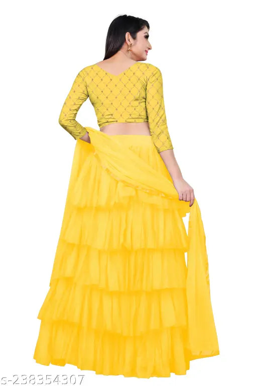 Exclusive designer ruffle embroidered satin lehenga choli set in net dupatta, semi-stitched for girls aged 3-16 years. Indian handcrafted traditional wear