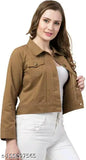 Brown denim full sleeves women's jacket, comfortable fabric for parties or events, Solid pattern, size S (bust 32in, length 17in)
