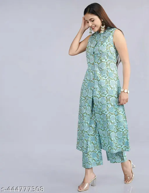 Green cotton kurta palazzo set, sleeveless with printed net pattern for women, single size available