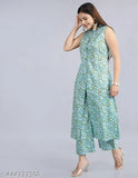 Green cotton kurta palazzo set, sleeveless with printed net pattern for women, single size available