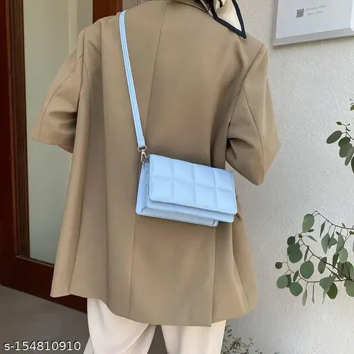 Sky blue plaid PU leather women's shoulder bag with single strap and magnetic closure. Vintage, stylish, and durable fashion accessory