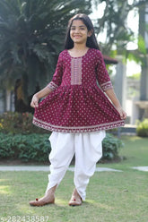 Rayon Kurta Suit Set: Pretty Funky Girls 3/4 sleeve print top & trousers, white floral printed top and blue solid bottomwear