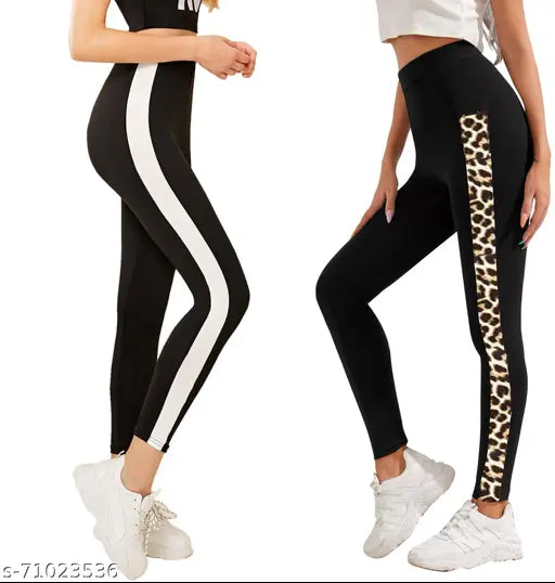 Striped cotton Lycra yoga tights for women, set of 2 - comfortable and trendy workout wear