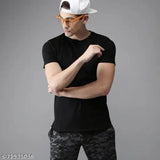 Men's black cotton-blend half sleeves T-shirt, solid design. Sizing: S, M, L, XL. Made in India