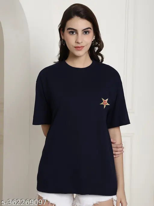 Graphic printed cotton oversize t-shirt for women, three-quarter sleeves, vibrant trendy pattern