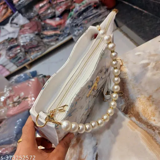 Synthetic marble wave-handle sling bag, printed net pattern, free size, hand-held handle and shoulder-belt for women and girls