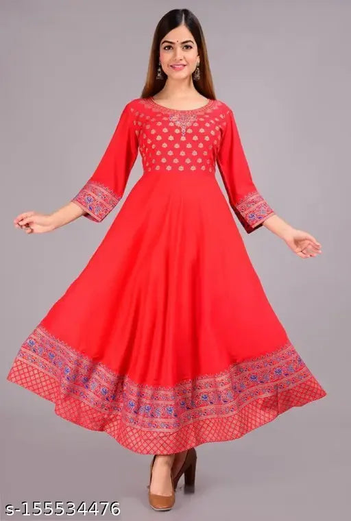 Red viscose rayon Anarkali kurta with three-quarter sleeves and printed combo, women's fashion wear from India
