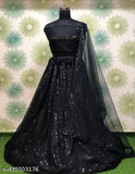 Black embellished net semi-stitched Lehenga Choli and Dupatta with solid dupatta, Indian women's traditional workwear