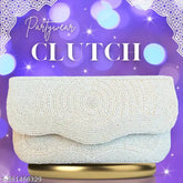 White beaded embroidered net fabric clutch, modern design, spacious compartment, perfect for weddings, parties, or special occasions