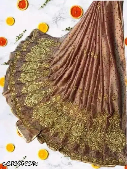 Embroidered net chiffon Thousand Butti saree with separate dupion silk blouse, free size, India