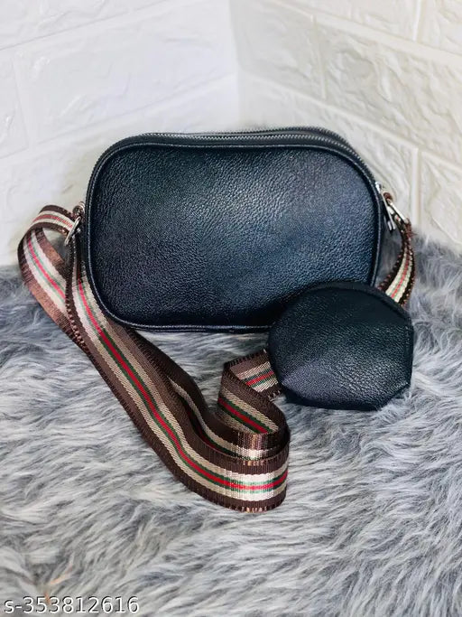 Black PU sling bag, textured net pattern, 4 compartments, medium size, party wear & casual use, premium collection - Trust of India bags for sale