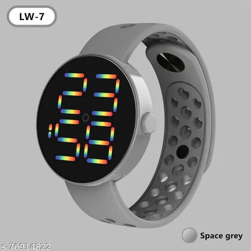 Grey stylish rainbow LED lights unisex watch, digital timepiece with colorful accents on wrist of child