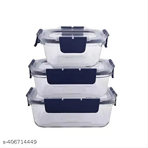 Transparent glass food storage set with detachable locks (400ml, 600ml, 800ml), oven-safe, microwave-safe, and freezer-safe - triple container for airtight storage