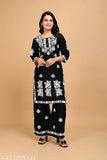 Rayon embellished kurta with matching pants, black, three-quarter sleeves, embroidered net design