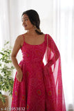 Georgette Anarkali gown with printed dupatta, sleeveless and 54 inch length, traditional Indian fashion for women