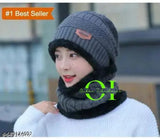 Warm, woolen unisex winter beanie hat and scarf set with face cover, assorted colors. Indian-made knitted fleece lined caps for women and men