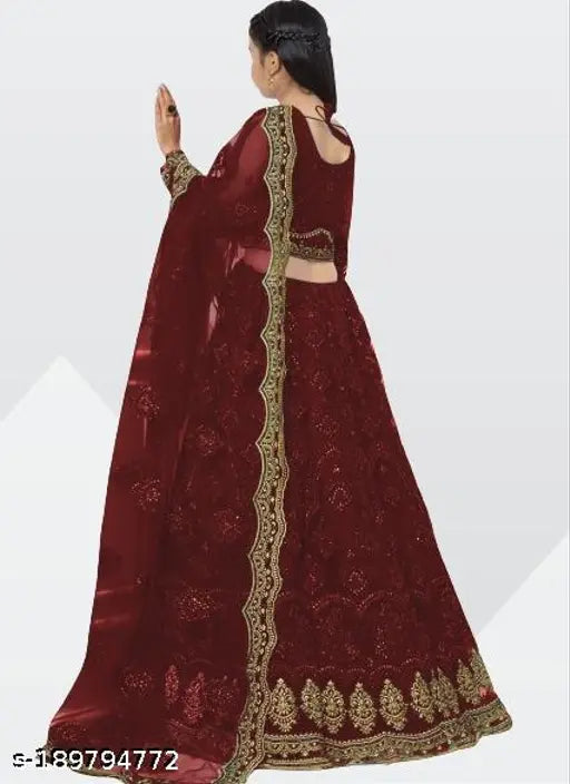 Embroidered semi-stitched lehenga choli in heavy net for girls aged 9-14, pair with heels and jewelry