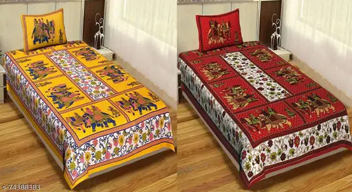 Cotton Jaipuri single bed sheet combo pack (2 sets, 2 pillow covers), fine quality Indian-made