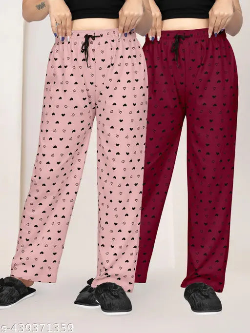 Women's Baby Pink/Maroon Cotton Pyjama Set, pack of 2 - Heart-printed maxi length pyjamas for a cozy night, India origin
