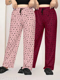 Women's Baby Pink/Maroon Cotton Pyjama Set, pack of 2 - Heart-printed maxi length pyjamas for a cozy night, India origin