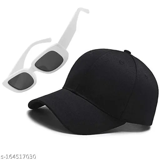 Black cotton baseball cap with white sunglasses (pack of 2), casual summer accessories on model's head