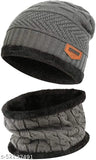 Grey premium acrylic knit winter beanie cap & scarf set, soft fleece lining for warmth & comfort