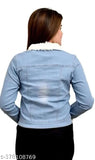Denim girls jeans jacket, long sleeves, dyed/washed pattern. Comfortable fit for winter wear, sizes range from 9-10 to 15-16 years old, origin India