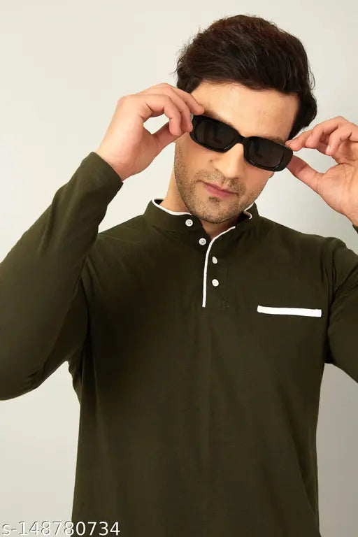 Green cotton blend solid henley t-shirt for men, Ausk dark green and white mandarin collar with long sleeves
