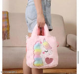 Synthetic textured net Unicorn Fur Sling Bag, pack of 1. High-quality, cartoon unicorn-shaped, zippered crossbody bag for kids (2-8 years)