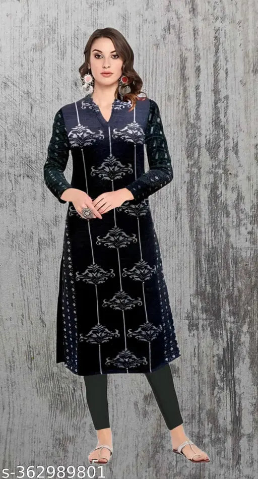 Warm woolen kurti with three-quarter sleeves, printed combo in low price - ideal for daily use and winter parties